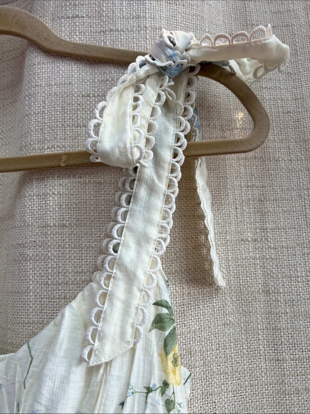 White Blue Yellow Floral Tiered Midi Dress Lace Tie Straps Large - Picture 7 of 14